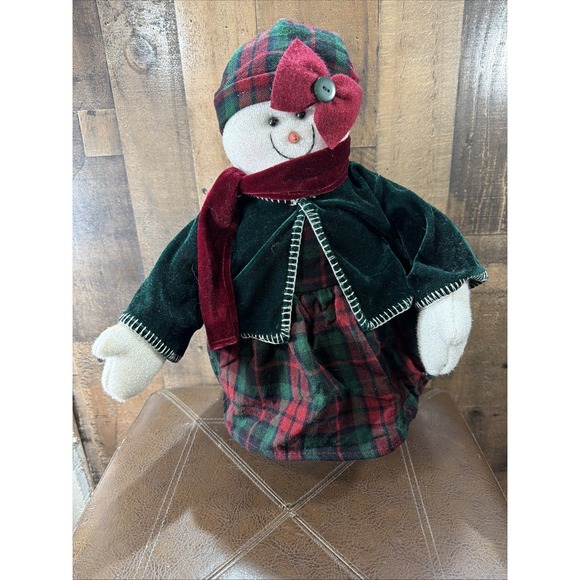 JC Penney Other - Christmas Snow Woman Plush Doll 18" Plaid Dress Velvet Cape Hat Shelf Sitter Vtg